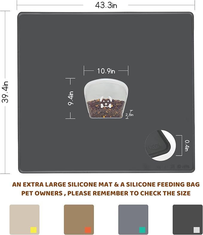 KVK Extra Extra Large Silicone Dog Food Mat 39.4×43.3in and 128oz Silicone Bag Set, Super Size Waterproof Pet Feeding Mat & Container, Non-Slip, Chew-Resistant Floor Protection (Dark Grey&Clear) - Image 2