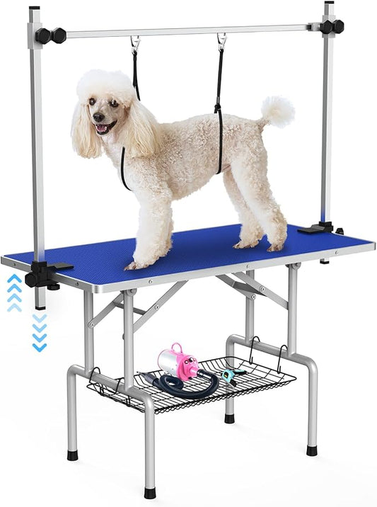 Lyromix 42'' Foldable Dog Grooming Table with Arms/Nooses/Mesh Tray, Blue | Stainless Steel Grooming Table for Dogs at Home, Adjustable Pet Bathing Station, Non-Slip Waterproof Tabletop, Capacity 330Lb by Lyromix