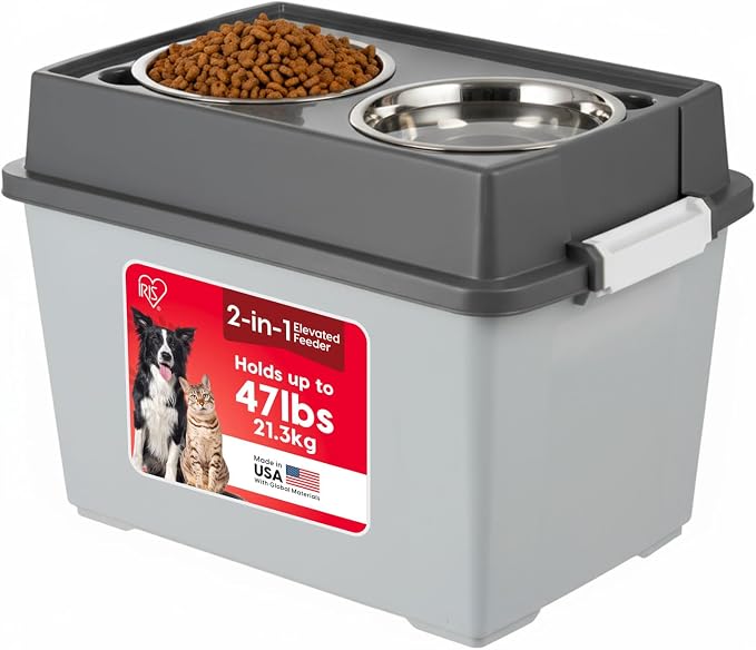 IRIS USA Dog Bowls Elevated with Storage, 15" H Raised Feeding Station, Dog Bowl Stand with Airtight Food Storage Holds 47 lbs, 2 Removable 64 oz Stainless Steel Bowls for Large Dogs, Gray/Dark Gray by IRISUSA