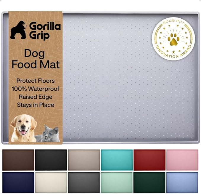 GORILLA GRIP 100% Waterproof Raised Edge BPA Free Silicone Pet Feeding Mat, Dog Cat Food Mats Contain Spills Protects Floors, Placemats for Cats, Dogs Water Bowl, Pets Accessories 32x24 Light Gray by Unknown