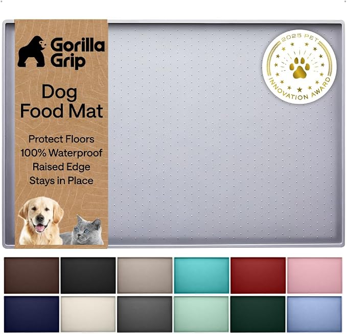 GORILLA GRIP 100% Waterproof Raised Edge BPA Free Silicone Pet Feeding Mat, Dog Cat Food Mats Contain Spills Protects Floors, Placemats for Cats, Dogs Water Bowl, Pets Accessories 26x17 Light Gray by Unknown