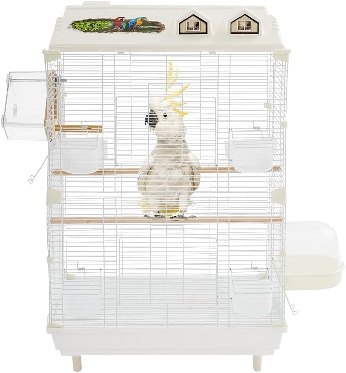 2-Door Wrought Iron Bird Cage Parakeet Cage with Roof, Parrot Cage Pet Birds Flight Cage, Interactive Birdcages Bird House Travel Cages for 4-6 Small Birds (30" H, Iron Mesh w/Roof-B) - Image 3