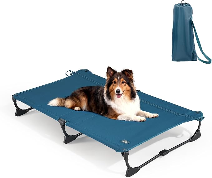 CANINE CANYON Folding Raised Dog Cot, Large Outdoor Elevated Dog Bed with Upgraded Non-Slip Feet, Cooling Chew Proof Portable Heavy Duty Pet Cot Up to 160 lbs for Camping/Home, Dark Blue, 43"x27" by CanineCanyon