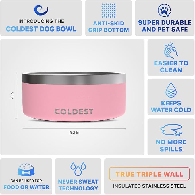 Coldest Dog Bowl - Anti Rust Metal, Non Slip, 3 Layers Insulated Stainless Steel Dog Bowls - Spill Proof & Heavy Duty - Water Bowl for Dogs, Cats & Pets, Dish Washer Safe (100 oz, Cotton Candy Pink) - Image 5