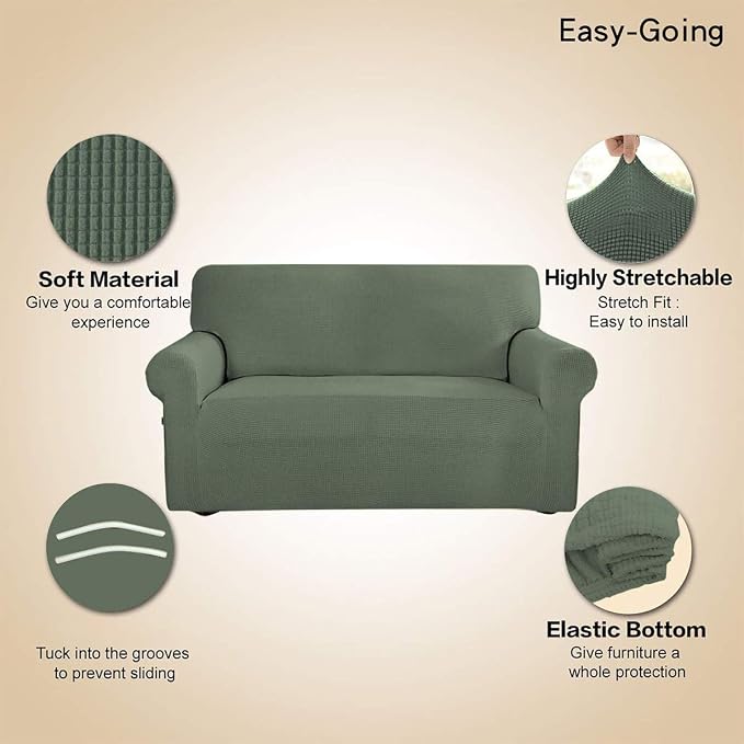 Easy-Going Stretch Loveseat Couch Covers Washable Greyish Green | 1-Piece Loveseat Covers for 2 Cushion Couch Furniture Protector RV Sofa Slipcover Soft with Bottom for Kids Pets - Image 3