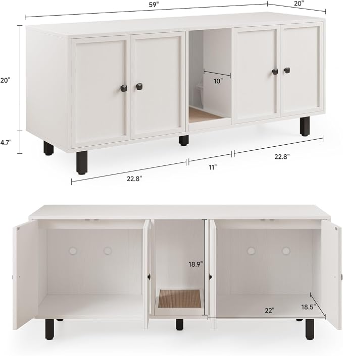 ONBRILL 59 Inches Cat Litter Box Enclosure for 2 Cats, Hidden Litter Boxes Furniture with Cat Scratch Pad, Large Indoor Pet House with Double Room, Wooden TV Stand Side Table, Off White - Image 2