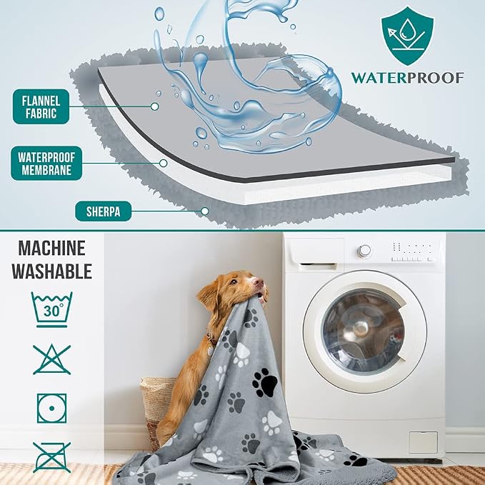 PETAMI Sherpa Fleece Waterproof CAT and Dog Blanket, PAW Gray, Queen - Image 6
