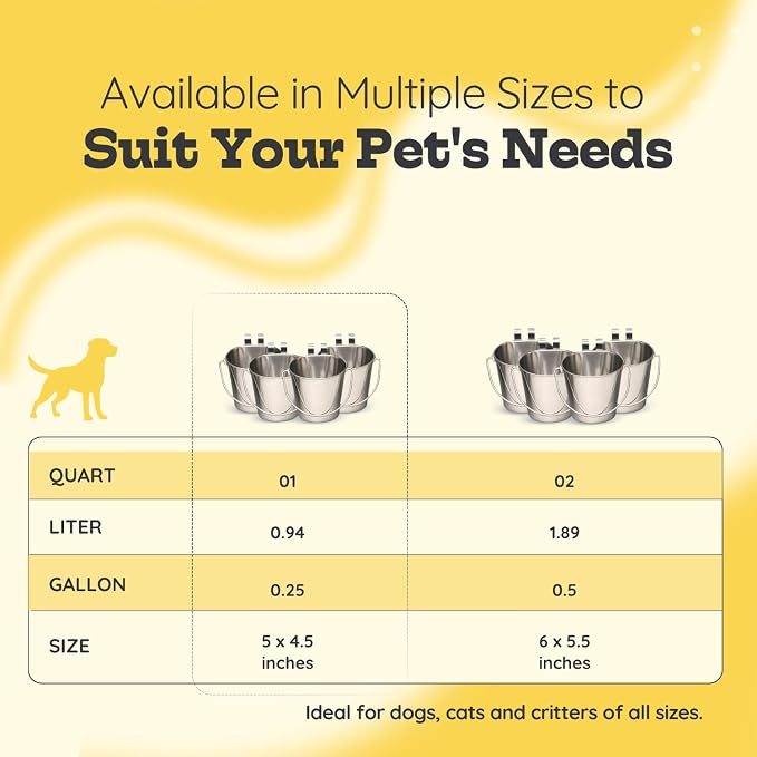 1 Quart Stainless Steel Flat Sided Bucket with Dual Hooks | 4 Pcs Durable Food & Water Bowl for Dog Cat Bird & Small Animals | Fits kennel Cage Crates Farm Hanging Pet Pail | Multipurpose - Image 8
