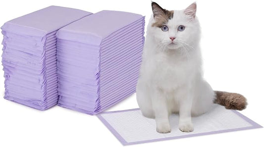 Amazon Basics Cat Pee Pads, Odor Control, Super Absorbent, Disposable, Universal Fit for Litter Box, Unscented, Multi Cat, White/Purple, 60 Count by AmazonBasics