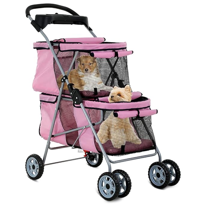 Dkeli 4 Wheel Pet Stroller for Small and Medium Dog Cats, Double Dog Stroller with Cup Holder, Folding Travel Cage for 2 Puppies or Two Kittens, Pink