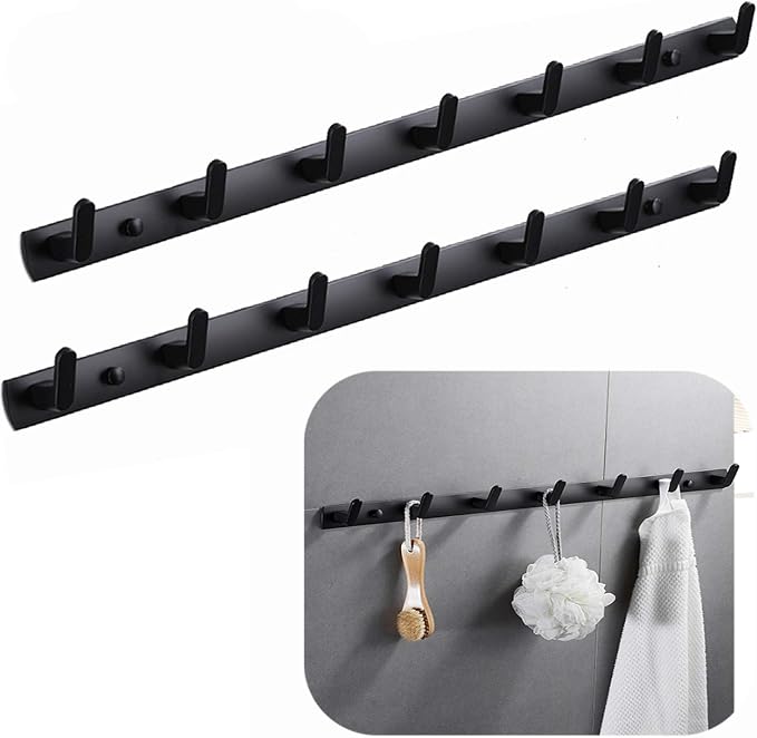 Wall Mounted Coat Rack, 7 Hooks, 25.7"x1.3", Modern, Black, 2 Pcs | Space Aluminum, Rustproof, for Hallway, Entryway, Hanging Holder for Clothes, Towel, Backpack, 40 lbs Capacity, Easy Install by Spotact