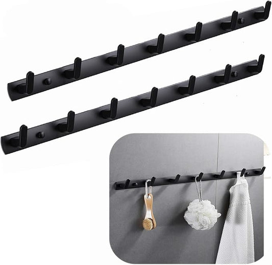 Wall Mounted Coat Rack, 7 Hooks, 25.7"x1.3", Modern, Black, 2 Pcs | Space Aluminum, Rustproof, for Hallway, Entryway, Hanging Holder for Clothes, Towel, Backpack, 40 lbs Capacity, Easy Install by Spotact