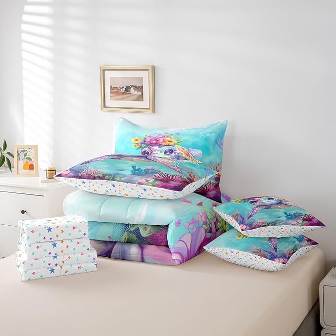 Erosebridal Turtle Queen Size 7 Pcs Bedding Set, Reptile Comforter Set with Sheets for Kids Boys Girls Women Men, Underwater World Sea Animal Bed in A Bag, Watercolour Coral Bedding Comforter Sets - Image 5