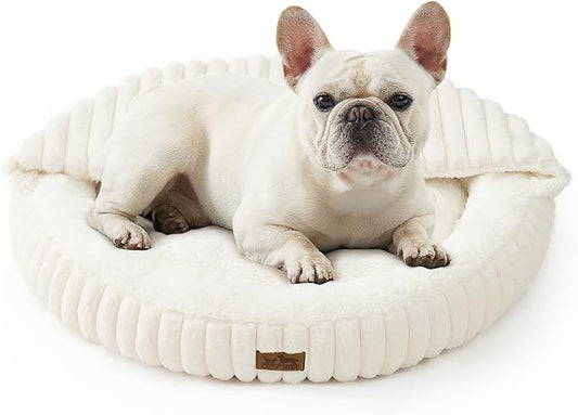 Small Dog Bed with Hooded Blanket, Round Fluffy Anti-Anxiety Pet Bed for Small Dogs & Medium Dogs, Cozy Donut Cuddler with Machine Washable Faux Fur & Anti-Slip Bottom(26"×26"×7",Cream) by COZYKISS