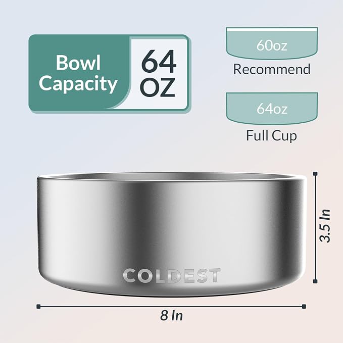Coldest Dog Bowl - Anti Rust Metal, Non Slip, 3 Layers Insulated Stainless Steel Dog Bowls - Spill Proof & Heavy Duty - Water Bowl for Dogs, Cats, Dish Washer Safe (64 oz, Polished Stainless Steel) - Image 4