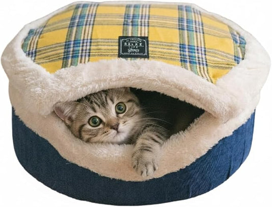 Cat Bed Cave - Enclosed Hideaway with Detachable Lid for Kitten (Yellow) | Covered round house, Removable top, Separate liner, Cozy privacy nook, Apartment-friendly shelter, Easy cleaning setup by Urnat