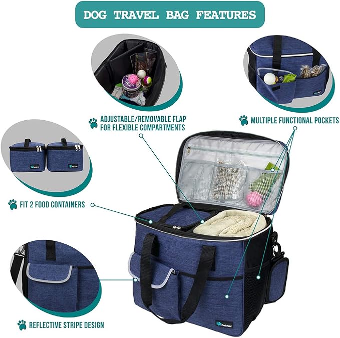 PetAmi Dog Travel Bag Organizer, Pet Travel Kit with 2 Food Containers & 2 Collapsible Dog Bowls, Pet Supplies Tote with Luggage Sleeve, Weekend Road Trip Camping Essentials, Navy Blue, Large - Image 4
