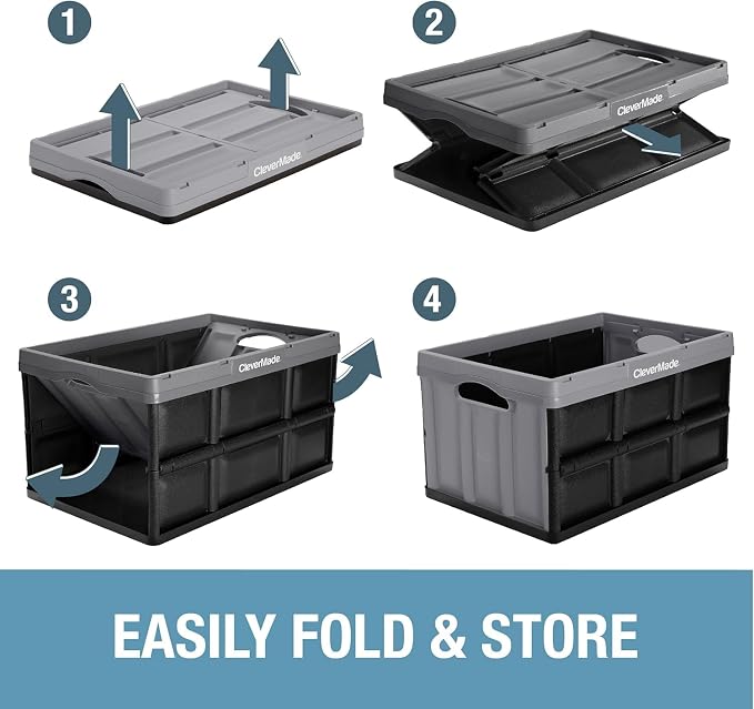 CleverMade Collapsible Storage Bins, 62L, 3 Pack, Obsidian | Extra-large bins support 100 lb for groceries, tools, and gear. They stack securely and fold to 2.75 inches for storage. - Image 8