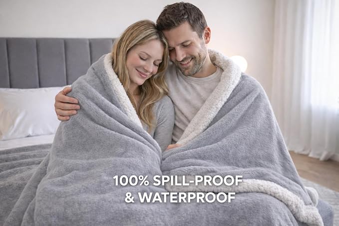 Waterproof Queen Size Blanket - Sherpa Fleece Reversible Throw, Soft Warm Leak-Proof Bed & Couch Protector for Kids, Pets & Everyday Spills (Velvet Gray/Cloud White, Queen 90x90) - Image 7