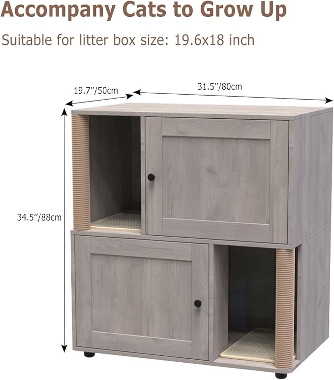 Garvee Cat Litter Box Enclosure for 2 Cats, Double Hidden Litter Box Furniture Cabinet with 2 Scratch Mat and Scratch Post, Modern Farmhouse Wooden Enclosed Cat Washroom, End Side Table - Image 3