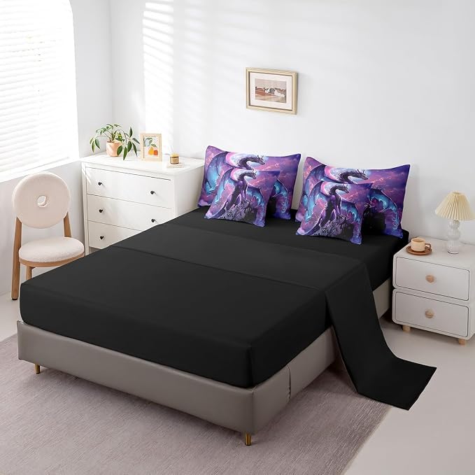 Erosebridal Dragon Queen Bedding Set - Purple Galaxy Bed in A Bag,3D Dragon Comforter Sets with Sheets, Jungle Wildlife 7 Pieces Bed Set Bedroom Decor - Image 4