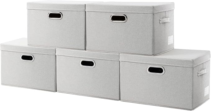 PRANDOM Large Collapsible Storage Containers with Lids [5-Pack] Fabric Foldable Storage Bins Boxes Organizer Baskets Cube with Cover for Home Bedroom Closet Office Beige(17.3x11.8x11.8) by Prandom