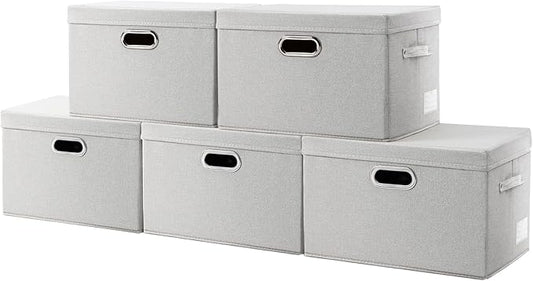 PRANDOM Large Collapsible Storage Containers with Lids [5-Pack] Fabric Foldable Storage Bins Boxes Organizer Baskets Cube with Cover for Home Bedroom Closet Office Beige(17.3x11.8x11.8) by Prandom