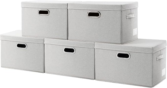 PRANDOM Collapsible Storage Bin with Lid [5-Pack] Fabric Foldable Storage Box Organizer Container Basket Cube with Cover for Home Bedroom Closet Office Beige(15.3x10x9.7) by Prandom