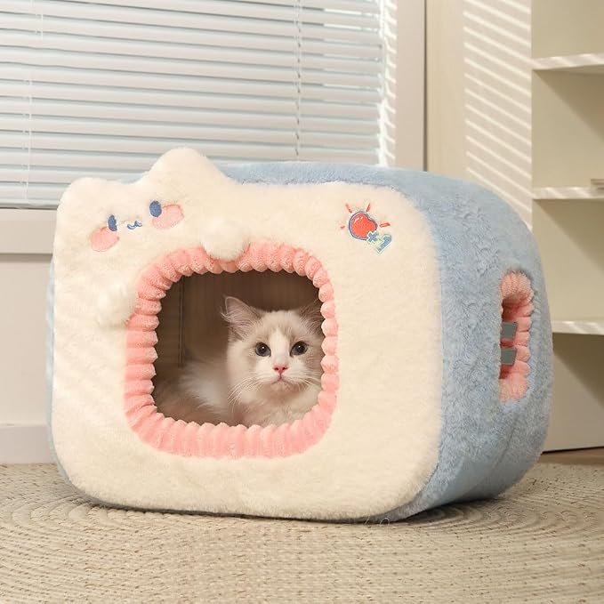Cute Cat Bed for Indoor Pets - House Tent With Removable Washable Cushioned Pillow, Dog Bed With Cover Cave, Pet Bed (E) by HZYSHH