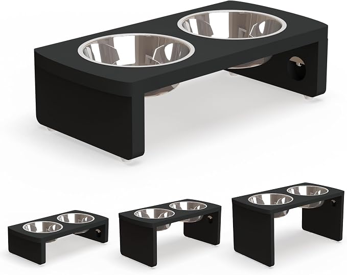 Elevated Dog Bowls, Bamboo Raised Dog Bowl for Small Dogs & Cats, with 2 Stainless Steel Bowls (4'' Tall-20oz Bowl, Black) by JoyoPawFamily
