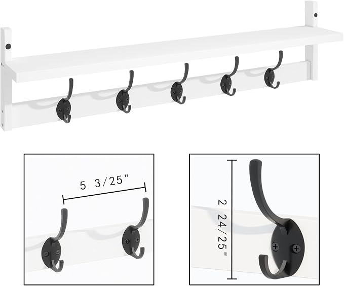BAMEOS Wall-Mounted Wood Shelf with 5 Dual Hooks for Bathroom, Living Room, Bedroom (White-with Shelf) - Image 6
