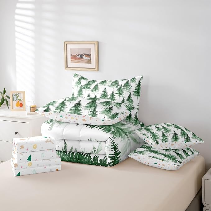 Erosebridal Green Christmas Twin Comforter Set with Sheets 7 Piece Winter Forest Pine Tree Bed in A Bag Merry Christmas Tree Theme Bedding Sets for Women Men New Year Holiday Xmas Bed Set - Image 6