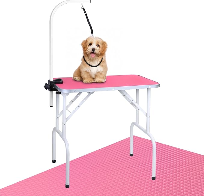 LEIBOU Pet Dog Grooming Table Foldable Grooming Table Heavy Duty Iron Frame with Arm & Noose for Dog Cat Pet Grooming (32'', Pink) by LEIBOU