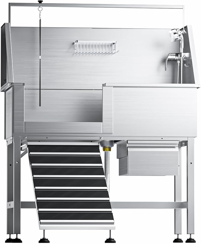 46" Dog Washing Station, Leak-Proof 304 Stainless Steel Dog Bathtub with Non-Slip Removable Left Stair & Storage Drawer, Elevated Pet Wash Station for Large Dogs, Indoor & Outdoor Use (Left Ramp) by Unknown