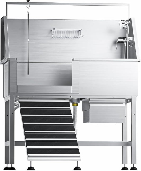 46" Dog Washing Station, Leak-Proof 304 Stainless Steel Dog Bathtub with Non-Slip Removable Left Stair & Storage Drawer, Elevated Pet Wash Station for Large Dogs, Indoor & Outdoor Use (Left Ramp) by Unknown