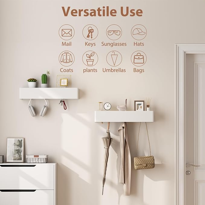 CycleCrew Solid Wood Wall Mounted Coat Rack with Shelf Hooks - Modern Floating Shelves with 5 Hidden Hooks, Heavy Duty Entryway Coat Key Holder Hanger for Hallway Bathroom Bedroom Home Decor - Image 4