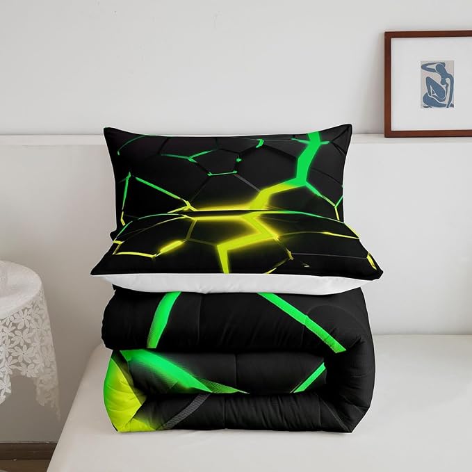 Geometric Honeycomb Comforter Set King Size,Abstract Hexagon Patchwork Fashion Bedding Set for Boys Girls Men Room Decor,Yellow Green Neon Modern Down Comforter,Unique Duvet Insert,2 Pillowcases - Image 5