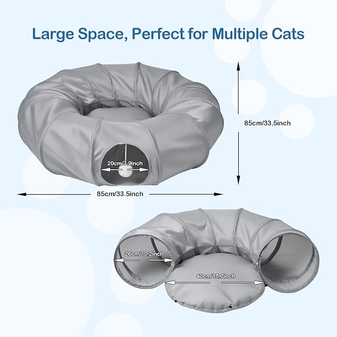 Cat Tunnel Bed with 2Pcs Interactive Toys, 3-in-1 DIY Collapsible Plush Cat Tube with Washable Mat, Large Indoor Play Tunnel Cave for Kittens and Small Animals - Image 2