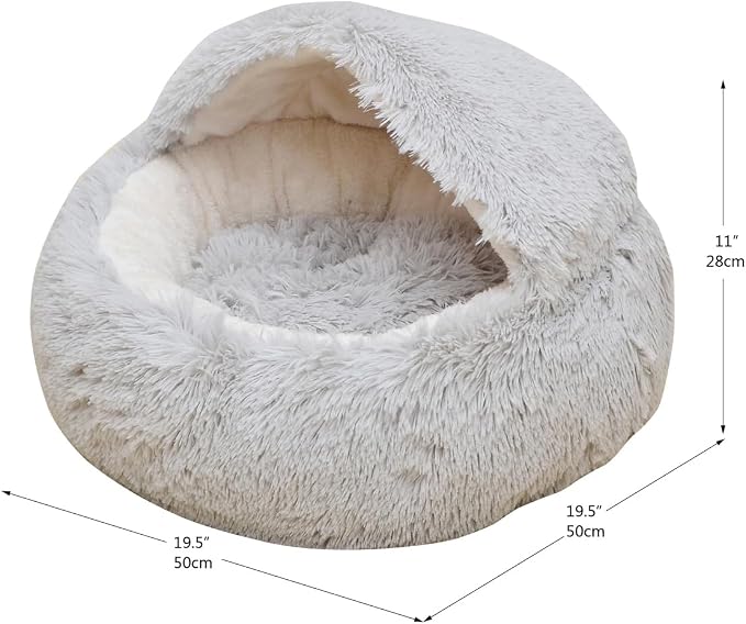 PetPals Round Cat Bed with Hoodie Cover and Removeable Washable Cushion | Super Soft Faux Fur Pet Bed with Cover for Puppies and Kittens or Ferrets Small Pets with Anti-Slip Bottom, Light Gray - Image 2