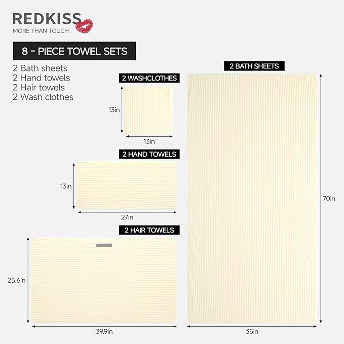 REDKISS Cream Microfiber Bath Towels Set 8 Piece - 70x35 Inches Bathroom Towels of 8 Large, Oversized Bath Towel with 2 Hair Towel Wrap, Highly Absorbent Soft Shower Towels for Bathroom, Hotel, Gym - Image 3