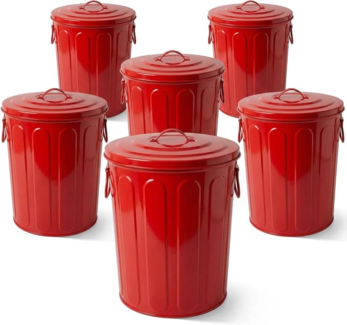 Plexon 5 Gallon Small Metal Trash Can with Lid Outdoor Galvanized Steel Bucket with Lid 5 Gal Storage Can for Dog Food Bird Seed Storage Container, Red 6 Pack by Plexon