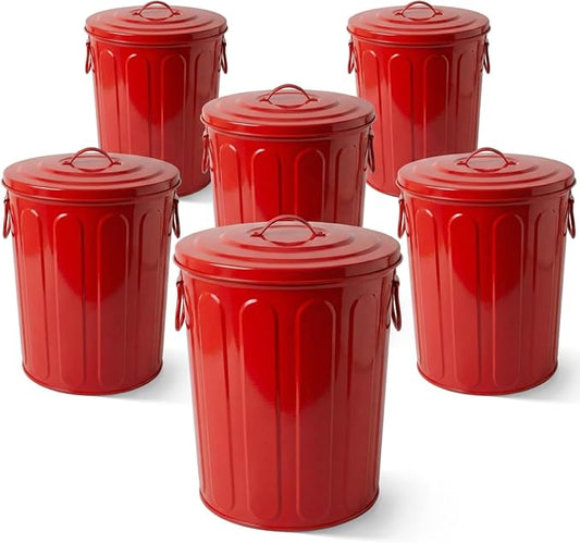 Plexon 5 Gallon Small Metal Trash Can with Lid Outdoor Galvanized Steel Bucket with Lid 5 Gal Storage Can for Dog Food Bird Seed Storage Container, Red 6 Pack by Plexon