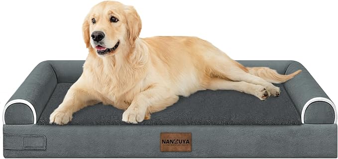 NANUYA Orthopedic Dog Bed for Large Dogs, 36 x 27 Inch, Dark Grey | Egg crate foam for joint support, 3-sided bolster pet sofa, waterproof lining, washable cover, and non-skid base by Nanuya