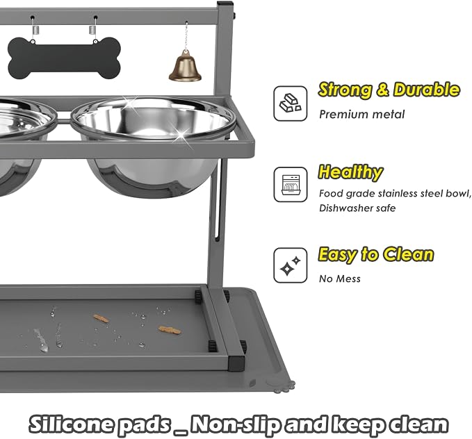 SHAINFUN Grey Raised Dog Bowl Stand with Two 1700ml Stainless Steel Food Bowl, a Slow Feeder and Silicone Pet Feeding Mat, Adjustable Dog Feeder, Elevated Dog Bowls for Large Medium and Small Dogs - Image 4