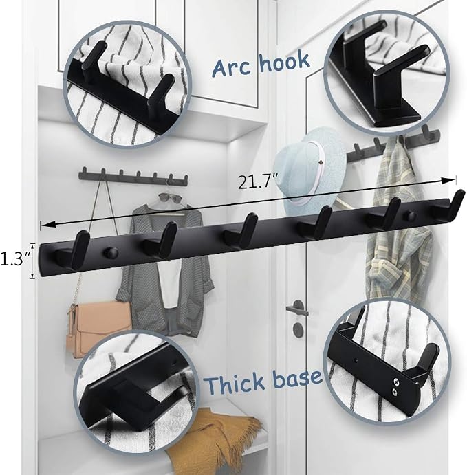 Wall Mounted Coat Rack, 6 Hooks, 21.7"x1.3", Modern, Black, 2 Pcs | Space Aluminum, Rustproof, for Hallway, Entryway, Hanging Holder for Clothes, Towel, Backpack, 40 lbs Capacity, Easy Install - Image 5