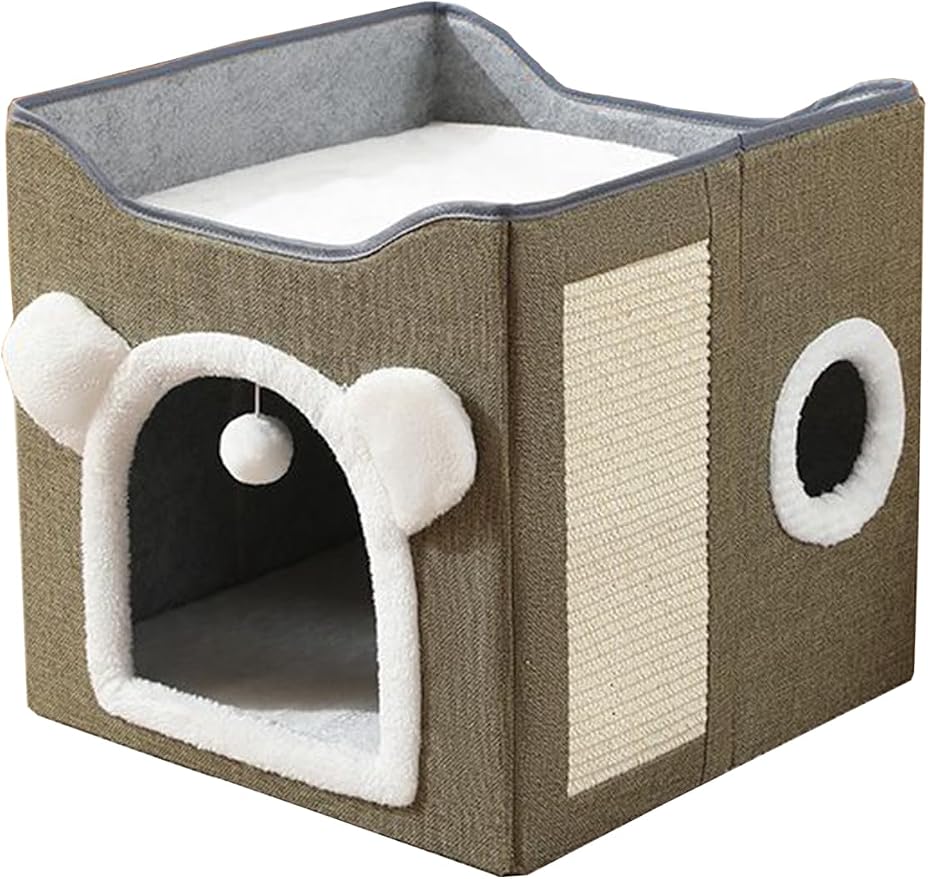 Cat Bed for Indoor Cats Foldable Cat Houses with Fluffy Ball and Scratch Pad Large Cat Cave Green Cat Hideaway - Image 6