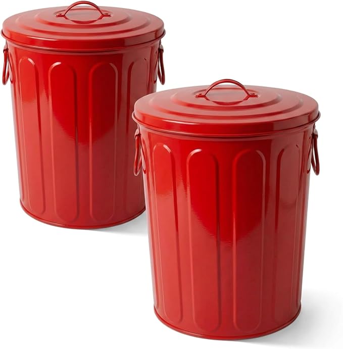 Plexon 5 Gallon Small Metal Trash Can with Lid Outdoor Galvanized Steel Bucket with Lid 5 Gal Storage Can for Dog Food Bird Seed Storage Container, Red 2 Pack by Plexon