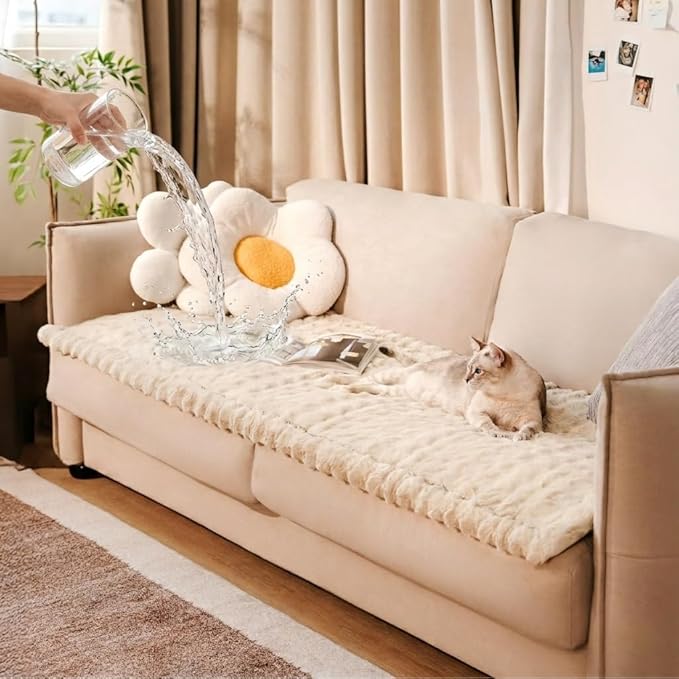 FUNNY FUZZY Couch Covers for Dogs, Non-Slip Sofa Cover 27.6"×70.9" Khaki | 300gsm Thick Quilted Padding, Faux Rabbit Fur Machine Washable, for Small 3-Seater/Large Loveseat by FUNNYFUZZY