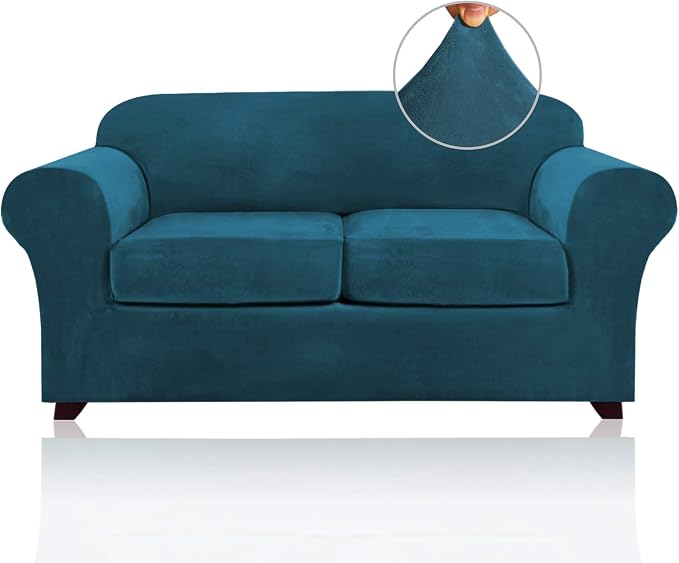 PrinceDeco Velvet Couch Cover Loveseat Covers for 2 Cushion Couch 3 Piece Sofa Covers for Dogs Washable Loveseat Covers Width Up to 72 Inch No Slip Stretch Sofa Slipcover(Medium,Deep Teal) by PrinceDeco