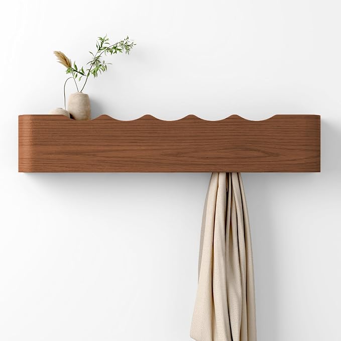 Coat Rack Wall Mount with Hidden Hooks, Wall Hooks with Shelf, Wall Key Holder Mount Wooden Shelf Entryway Hooks for Bedroom Bathroom for Hanging Coats Hats Bags Towels (Walnut Wave-Shape, 5 Hooks) by Nevsokio